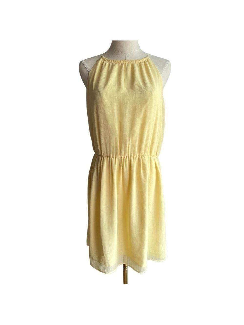 Lemon Yellow Chiffon Dress Sz M High Neck Knee Length Sleeveless Summer Casual